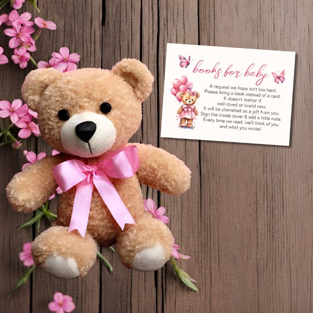 Teddy Bear Balloon Pink Butterfly Girl Baby Shower Enclosure Card (Creator Uploaded)