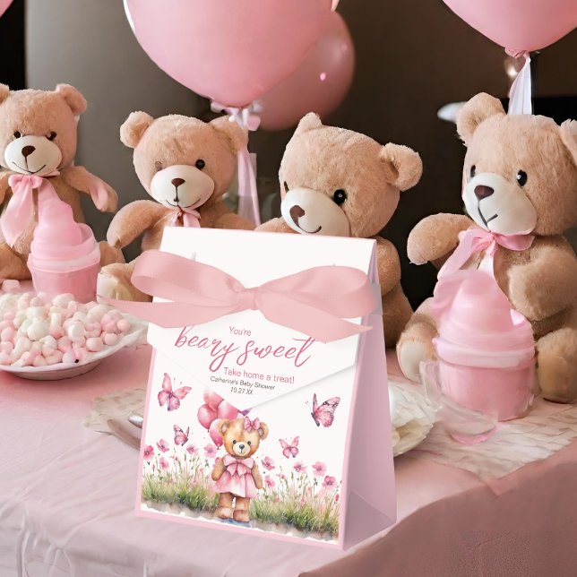 Teddy Bear Balloon Pink Butterfly Girl Baby Shower Favour Box (Creator Uploaded)