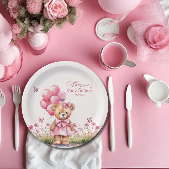 Teddy Bear Balloon Pink Butterfly Girl Baby Shower Paper Plate (Creator Uploaded)