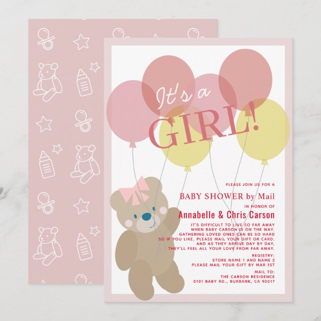 Teddy Bear Balloon Pink Girl Baby Shower by Mail Invitation (Front/Back)