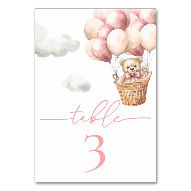 Teddy Bear Balloon Pink Girl Baby Shower Table Number (Front)