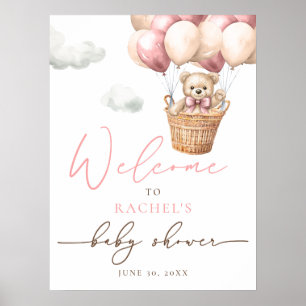 Teddy Bear Balloon Pink Girl Baby Shower Welcome Poster