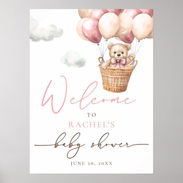Teddy Bear Balloon | Pink Girl Baby Shower Welcome Poster (Front)