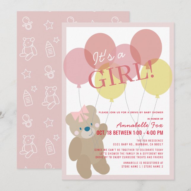Teddy Bear Balloon Pink Girl Drive-by Baby Shower Invitation (Front/Back)