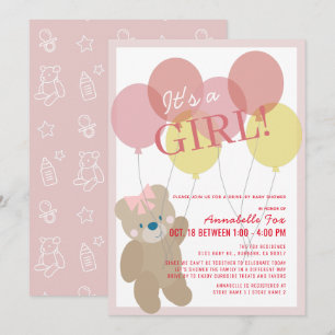Teddy Bear Balloon Pink Girl Drive-by Baby Shower Invitation
