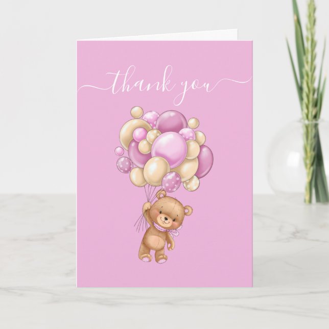 Teddy Bear Balloon Pink God Parents Thankful  Card (Front)