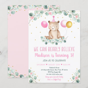 Teddy Bear Balloon Pink Gold Greenery Birthday Invitation