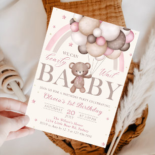 Teddy Bear Balloon Pink Rainbow Birthday Invitation