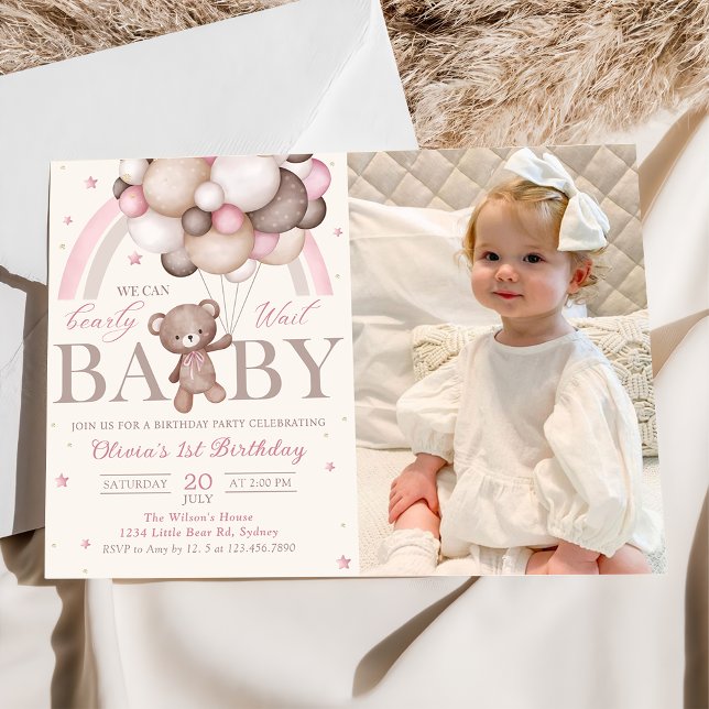 Teddy Bear Balloon Pink Rainbow Birthday Photo Invitation (Creator Uploaded)