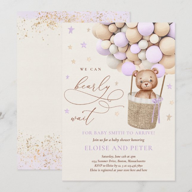 Teddy Bear Balloon Purple Bearly Wait Baby Shower Invitation (Front/Back)
