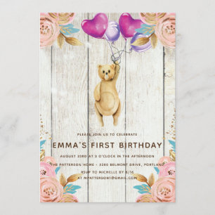 Teddy Bear Balloon Rustic First Birthday Invitation