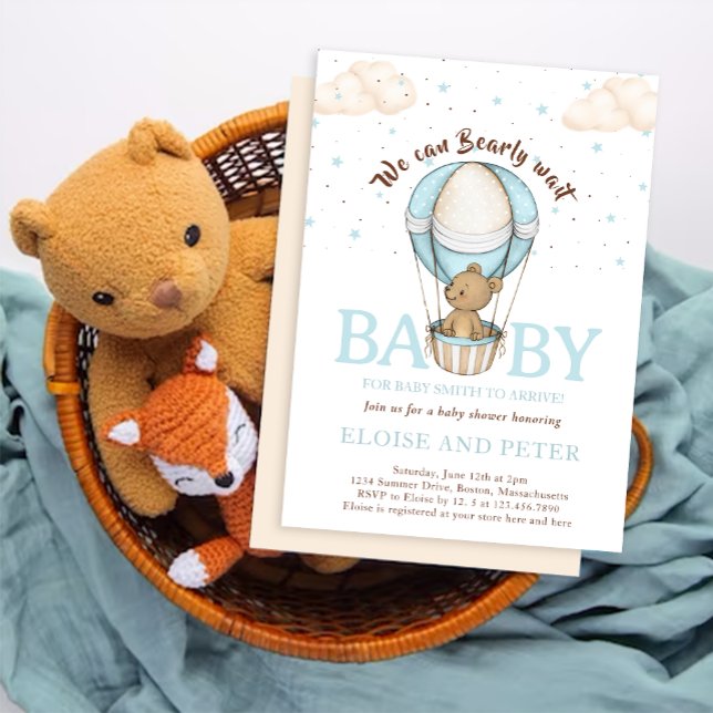 Teddy Bear  Balloon Star Bearly Wait Baby Shower Invitation (Creator Uploaded)