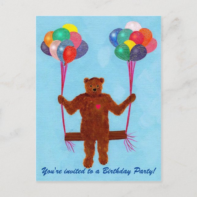 Teddy Bear Balloon Swing Birthday Invite Postcards (Front)