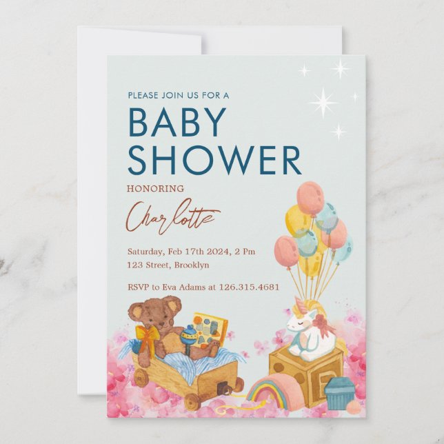 Teddy Bear Balloon Watercolor Baby Shower Invitation (Front)
