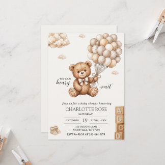 Teddy Bear Balloon We Can Beary Wait Baby Shower Invitation