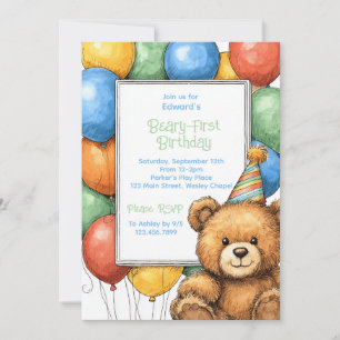 Teddy Bear Balloons 1st Birthday Invitation