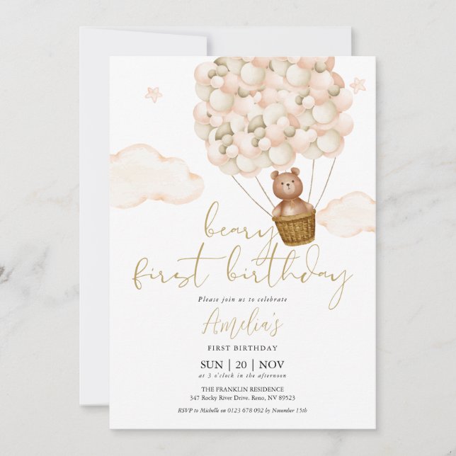 Teddy Bear Balloons 1st Birthday Party Invitation (Front)
