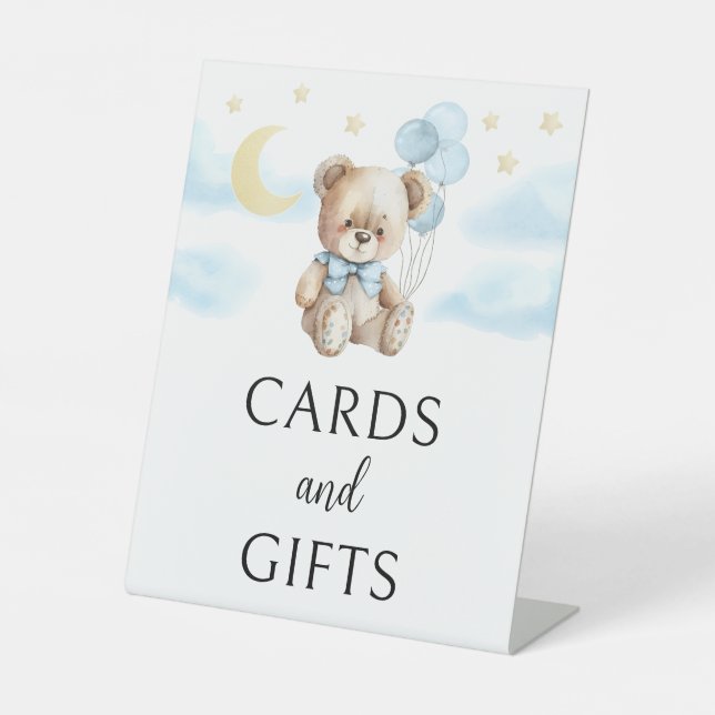 Teddy bear balloons baby boy shower cards gifts  pedestal sign (Front)