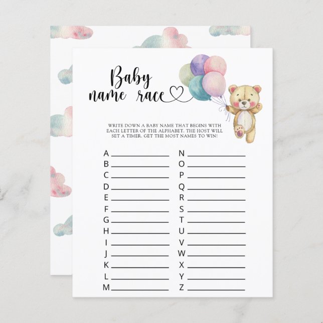 Teddy bear balloons - Baby name race game (Front/Back)