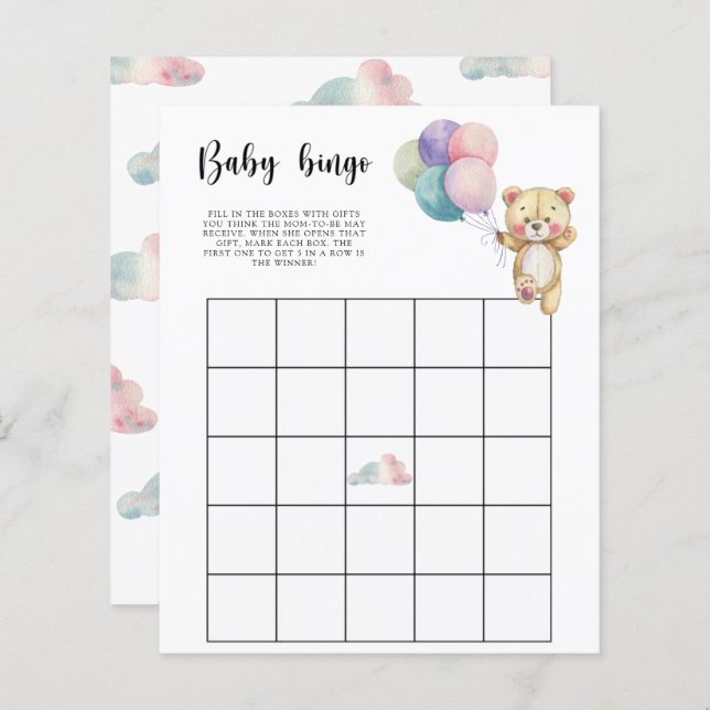 Teddy bear balloons - Baby shower bingo game (Front/Back)
