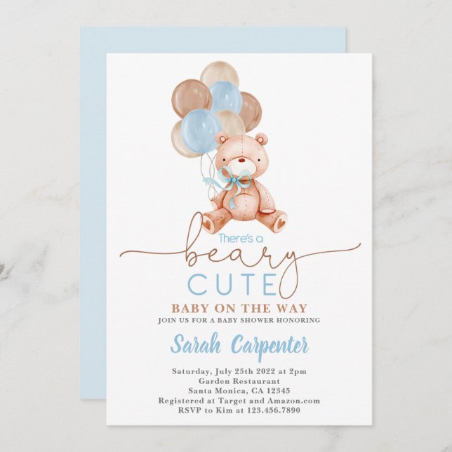 Teddy Bear Balloons Baby Shower Boy Invitation (Front/Back)