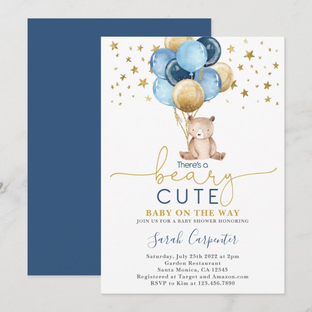 Teddy Bear Balloons Baby Shower Boy Invitation (Front/Back)