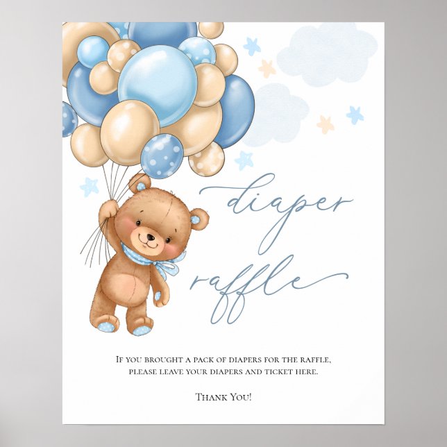 Teddy Bear Balloons Baby Shower Diaper Raffle  Pos Poster (Front)
