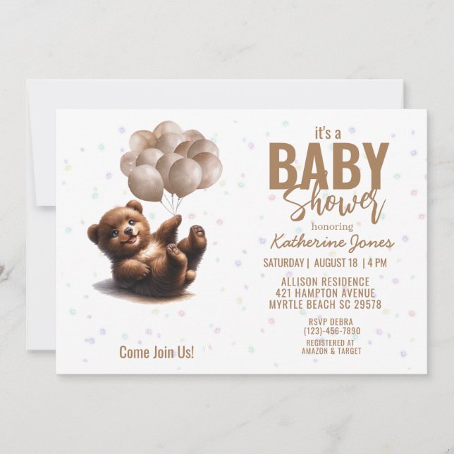 Teddy Bear Balloons Baby Shower Gender Neutral Invitation (Front)