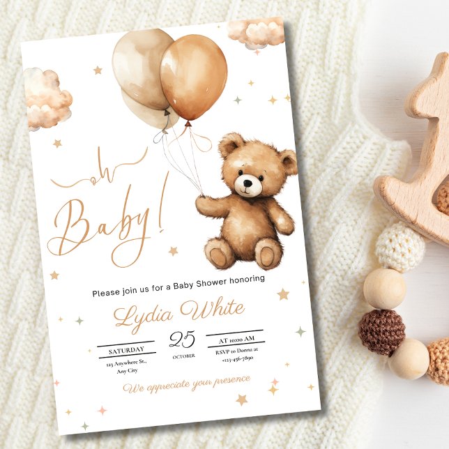 Teddy bear Balloons baby shower Gender neutral  Invitation (Creator Uploaded)