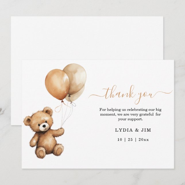 Teddy bear Balloons baby shower Gender neutral  Thank You Card (Front/Back)