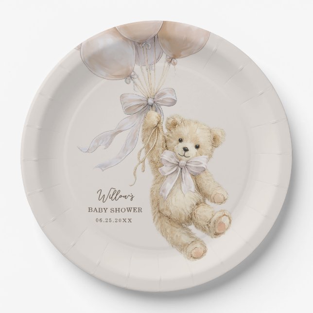 Teddy Bear Balloons Baby Shower Paper Plates (Front)