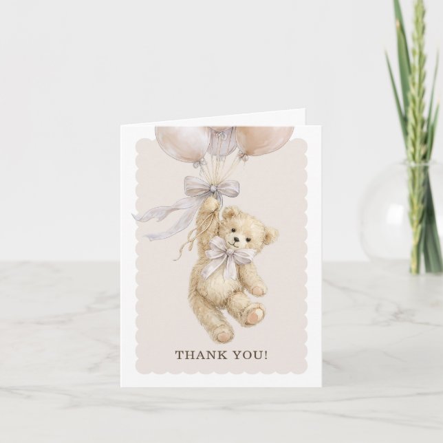 Teddy Bear Balloons Baby Shower Thank You Cards (Front)