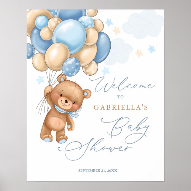 Teddy Bear Balloons Baby Shower Welcome Sign (Front)