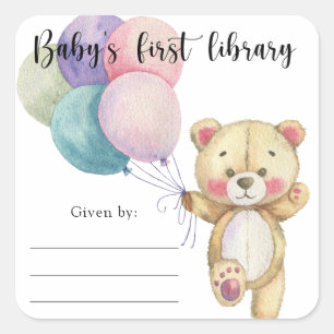Teddy bear balloons - baby's first library square sticker