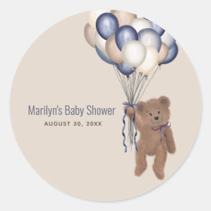 Teddy Bear & Balloons Bearly Wait Blue Baby Shower Classic Round Sticker
