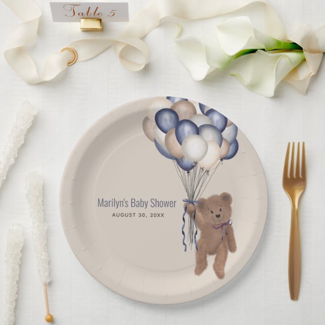 Teddy Bear & Balloons Bearly Wait Blue Baby Shower Paper Plate (Wedding)