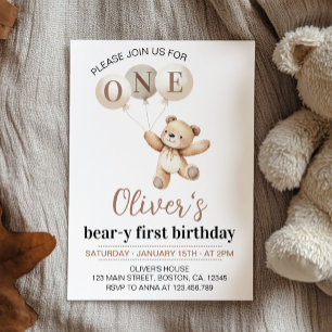 Teddy Bear Balloons Beary First Birthday Invitation