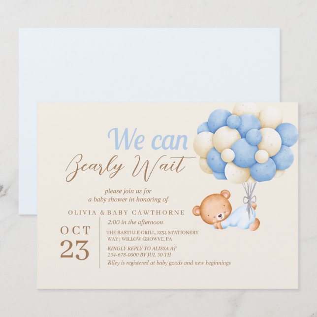  Teddy Bear Balloons  Beige  Baby Boy Shower Invitation (Front/Back)