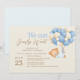 Teddy Bear Balloons  Beige  Baby Boy Shower Invitation
