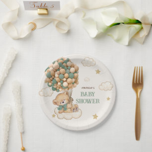 Teddy Bear Balloons Beige Green Baby Shower Paper Plate