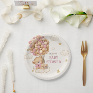 Teddy Bear balloons Beige Pink  Baby Shower Paper Plate