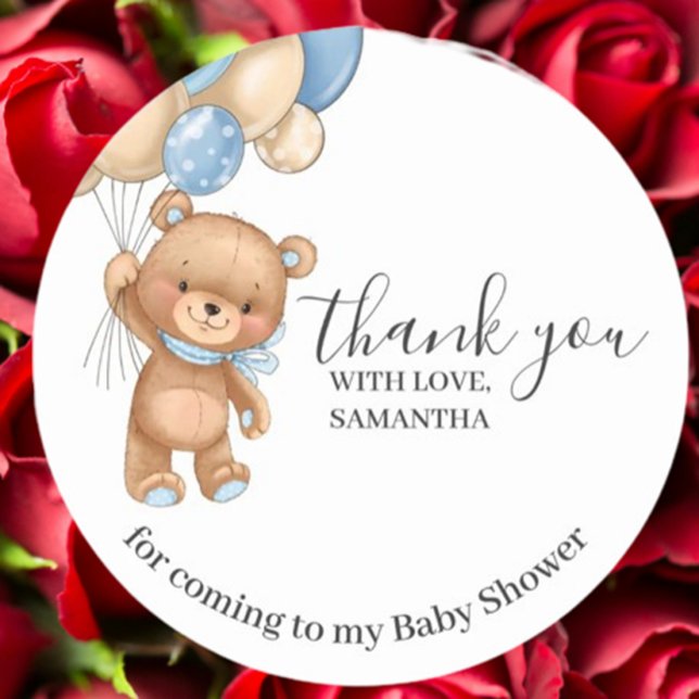 Teddy Bear Balloons Birthday Thank You Blue Boy Classic Round Sticker (Express heartfelt thanks with our Teddy Bear Balloons Birthday Thank You Blue Boy Sticker)