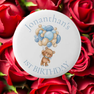 Teddy Bear Balloons Blue 1st Birthday 6 Cm Round Badge