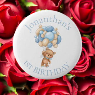 Teddy Bear Balloons Blue 1st Birthday 6 Cm Round Badge