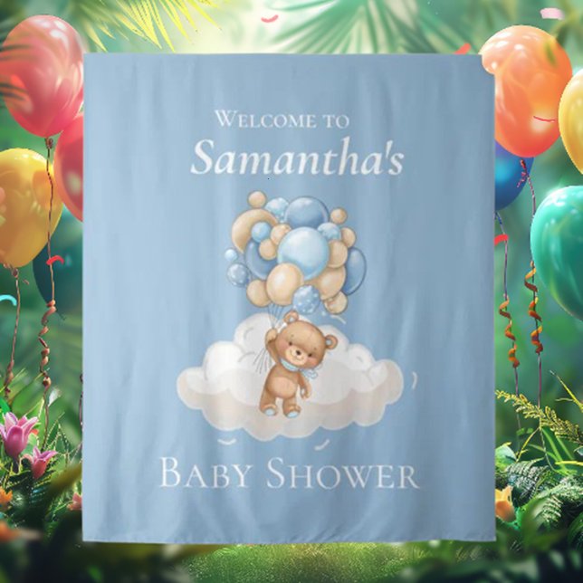 Teddy Bear  Balloons Blue Baby Shower backdrop Tapestry (Absolutely Adorable Teddy Bear Balloons Backdrop!)