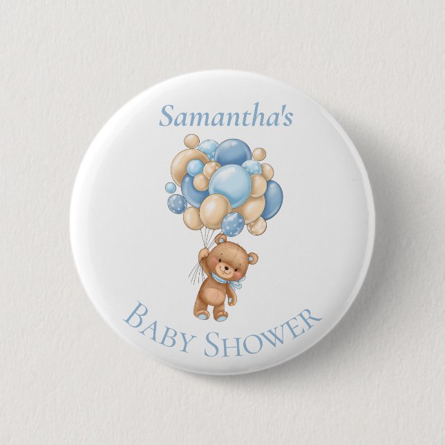 Teddy Bear  Balloons Blue Baby Shower  Button (Front)
