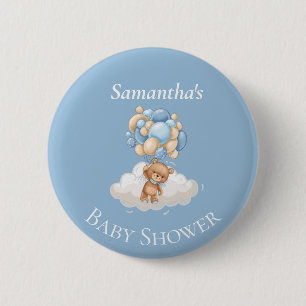 Teddy Bear  Balloons Blue Baby Shower  Button