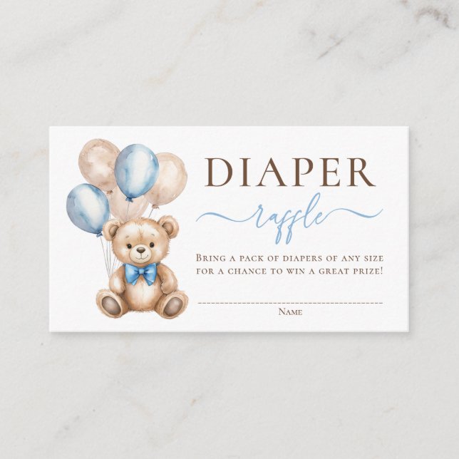 Teddy Bear Balloons Blue Baby Shower Diaper Raffle Enclosure Card (Front)