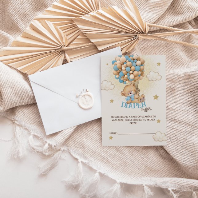 Teddy Bear Balloons Blue Baby Shower Diaper Raffle Enclosure Card (Creator Uploaded)