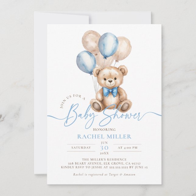 Teddy Bear Balloons Blue Boy Baby Shower Invitation (Front)